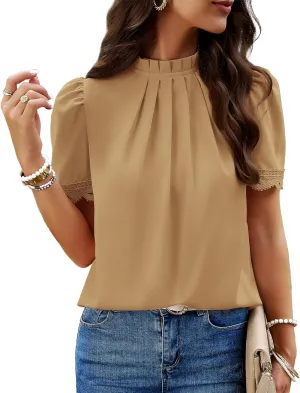 BTFBM Women's Dressy Casual Blouses Business Work Tops Lace Trim Short Sleeve Office Shirts 2025 Summer Spring Outfits