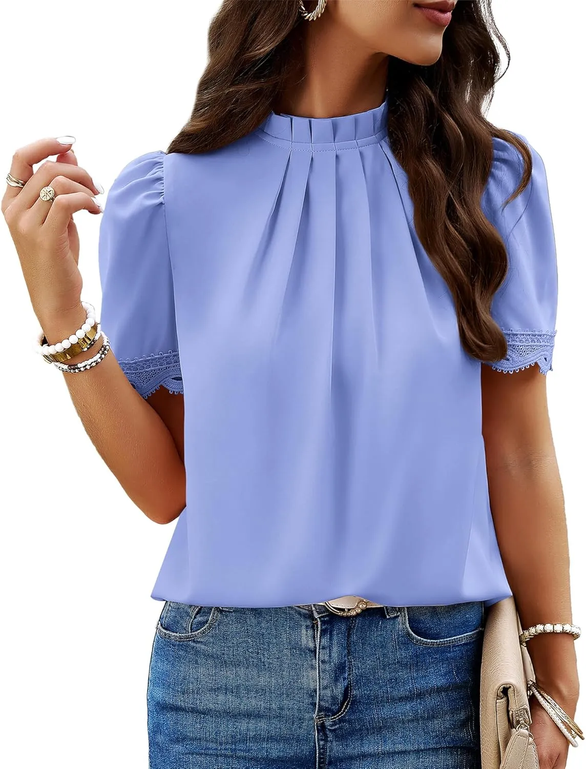 BTFBM Women's Dressy Casual Blouses Business Work Tops Lace Trim Short Sleeve Office Shirts 2025 Summer Spring Outfits