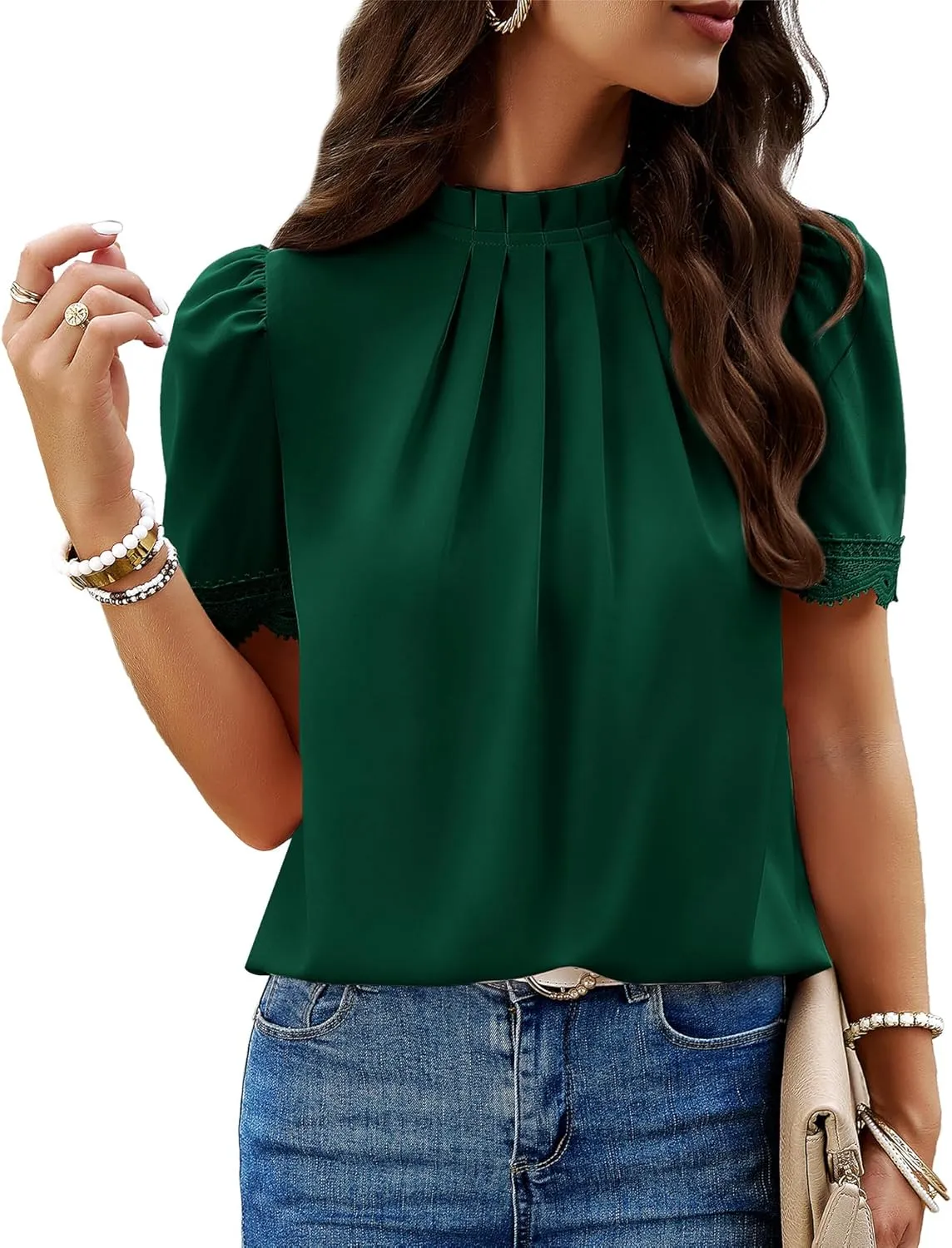 BTFBM Women's Dressy Casual Blouses Business Work Tops Lace Trim Short Sleeve Office Shirts 2025 Summer Spring Outfits