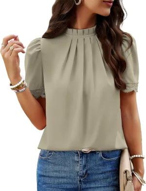 BTFBM Women's Dressy Casual Blouses Business Work Tops Lace Trim Short Sleeve Office Shirts 2025 Summer Spring Outfits