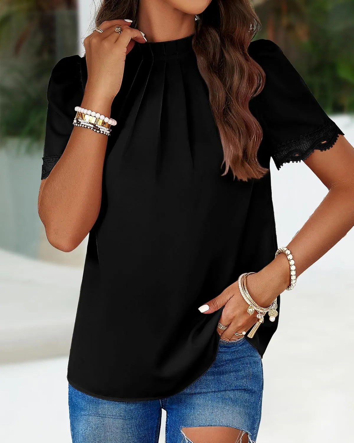 BTFBM Women's Dressy Casual Blouses Business Work Tops Lace Trim Short Sleeve Office Shirts 2025 Summer Spring Outfits