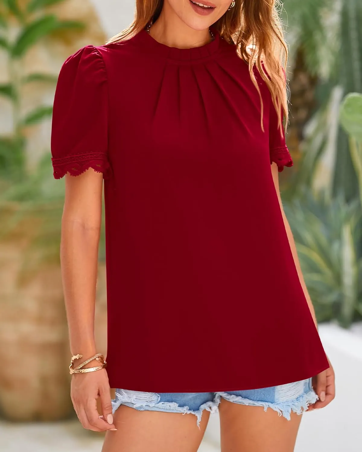 BTFBM Women's Dressy Casual Blouses Business Work Tops Lace Trim Short Sleeve Office Shirts 2025 Summer Spring Outfits