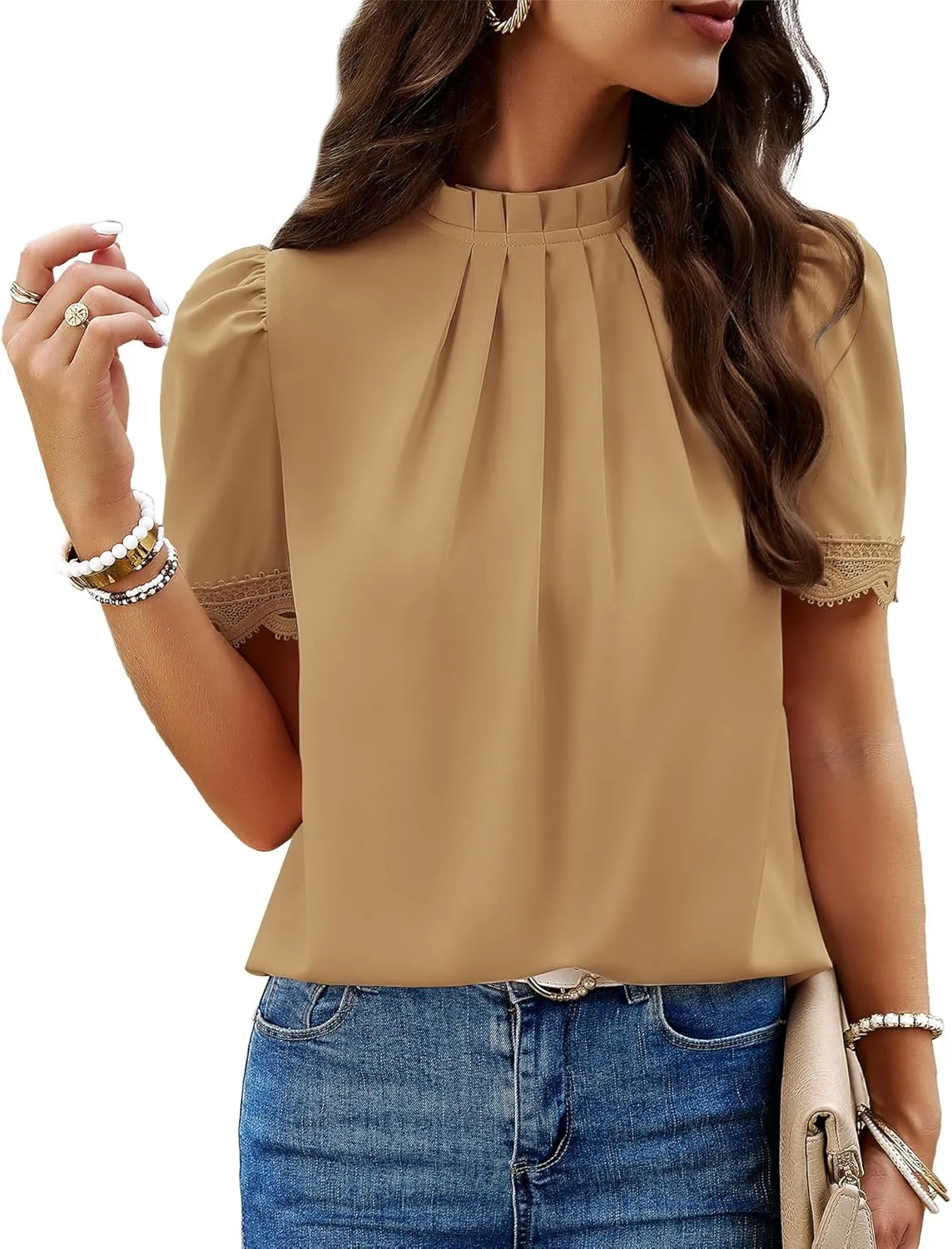 BTFBM Women's Dressy Casual Blouses Business Work Tops Lace Trim Short Sleeve Office Shirts 2025 Summer Spring Outfits