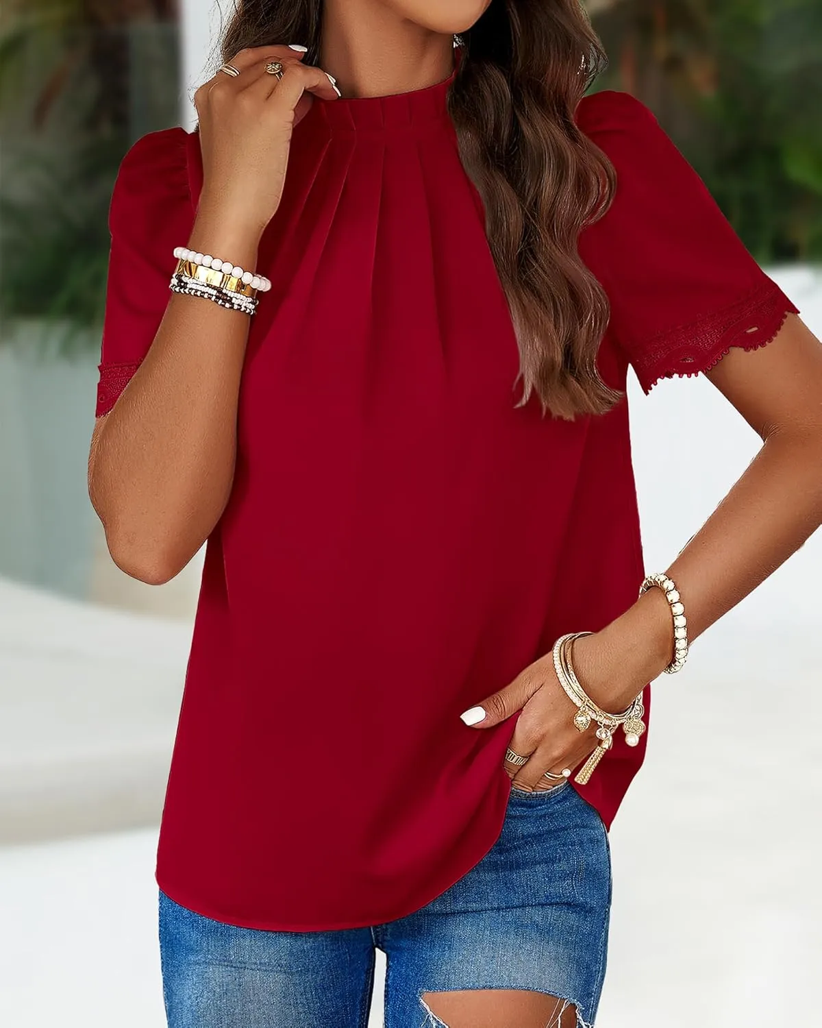BTFBM Women's Dressy Casual Blouses Business Work Tops Lace Trim Short Sleeve Office Shirts 2025 Summer Spring Outfits