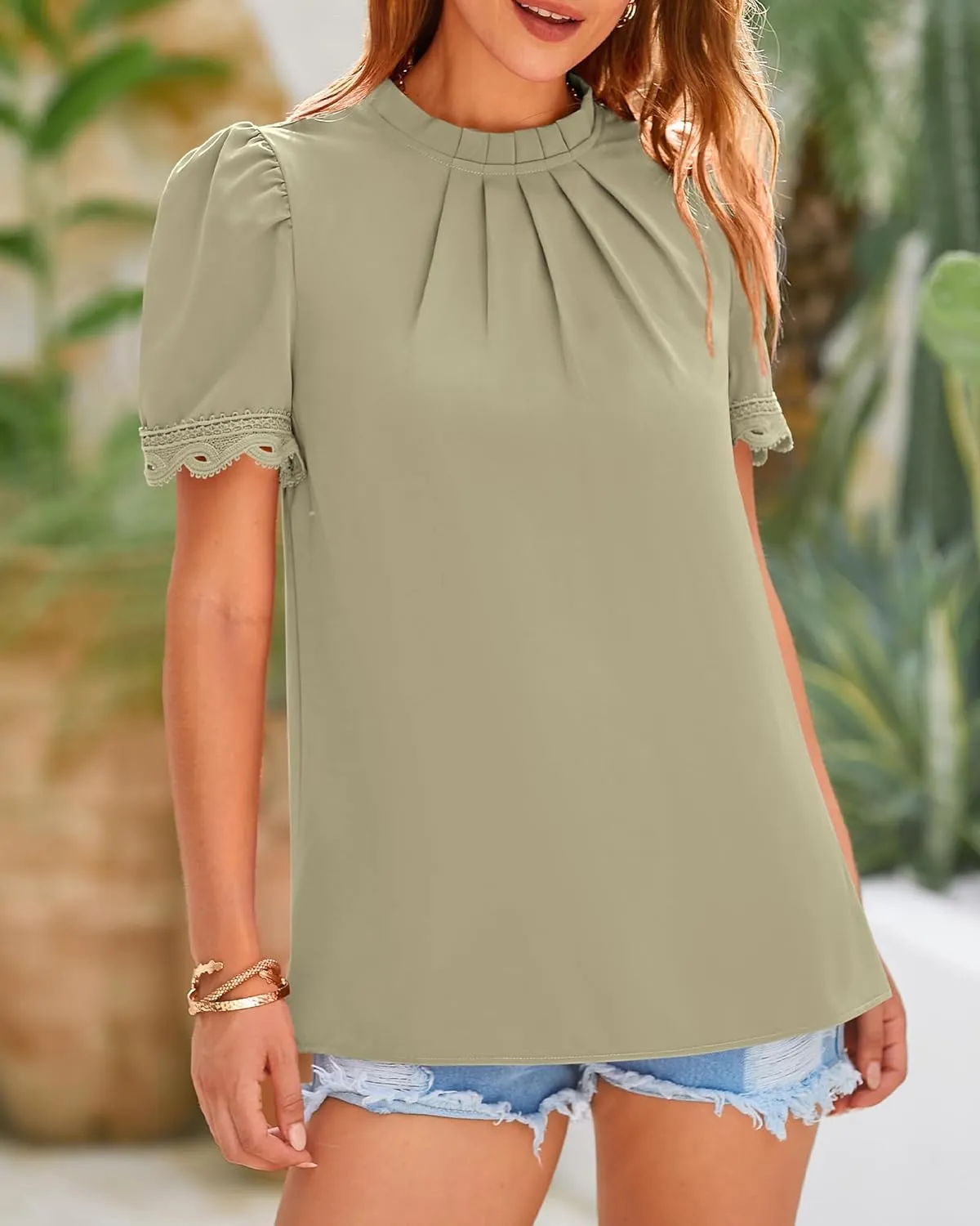 BTFBM Women's Dressy Casual Blouses Business Work Tops Lace Trim Short Sleeve Office Shirts 2025 Summer Spring Outfits