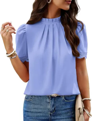 BTFBM Women's Dressy Casual Blouses Business Work Tops Lace Trim Short Sleeve Office Shirts 2025 Summer Spring Outfits
