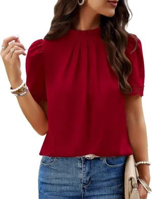 BTFBM Women's Dressy Casual Blouses Business Work Tops Lace Trim Short Sleeve Office Shirts 2025 Summer Spring Outfits