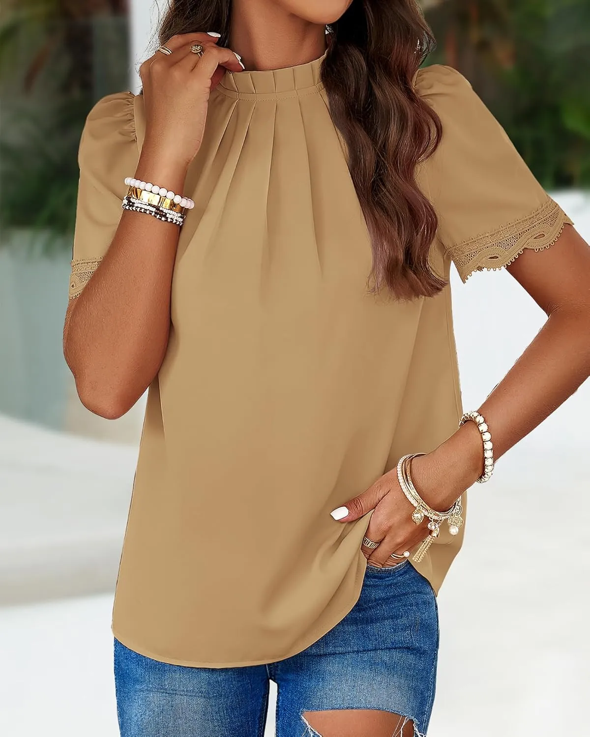 BTFBM Women's Dressy Casual Blouses Business Work Tops Lace Trim Short Sleeve Office Shirts 2025 Summer Spring Outfits