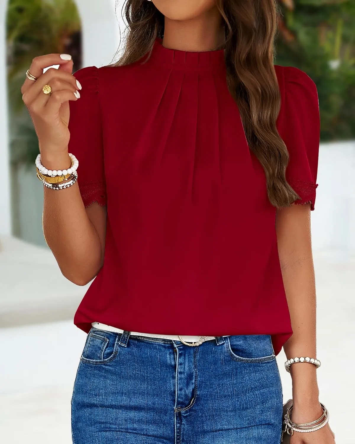 BTFBM Women's Dressy Casual Blouses Business Work Tops Lace Trim Short Sleeve Office Shirts 2025 Summer Spring Outfits