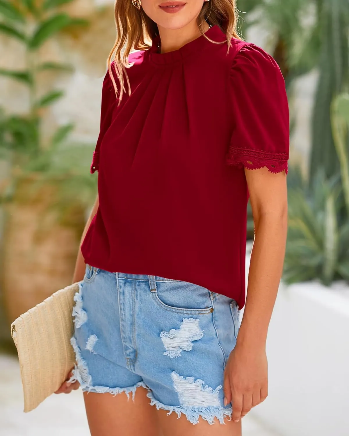 BTFBM Women's Dressy Casual Blouses Business Work Tops Lace Trim Short Sleeve Office Shirts 2025 Summer Spring Outfits