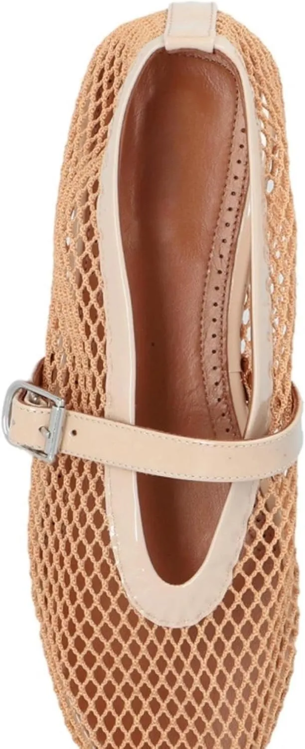 Buckle Strap Mesh Ballet Flats for Womens, Mary Jane Round Toe Slip On Dress Ballerinas Soft Shoes