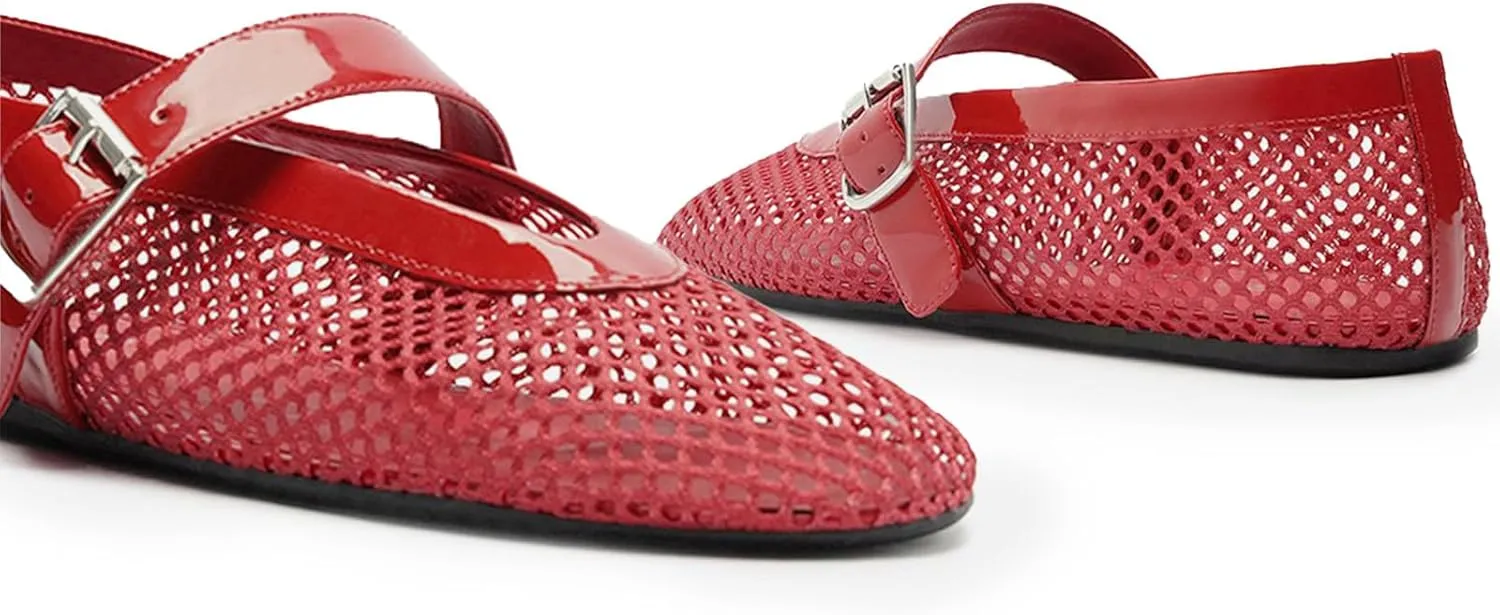 Buckle Strap Mesh Ballet Flats for Womens, Mary Jane Round Toe Slip On Dress Ballerinas Soft Shoes