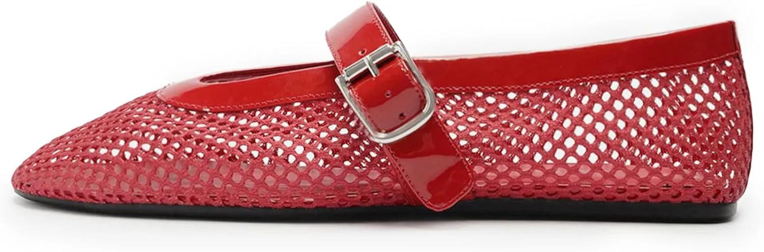 Buckle Strap Mesh Ballet Flats for Womens, Mary Jane Round Toe Slip On Dress Ballerinas Soft Shoes