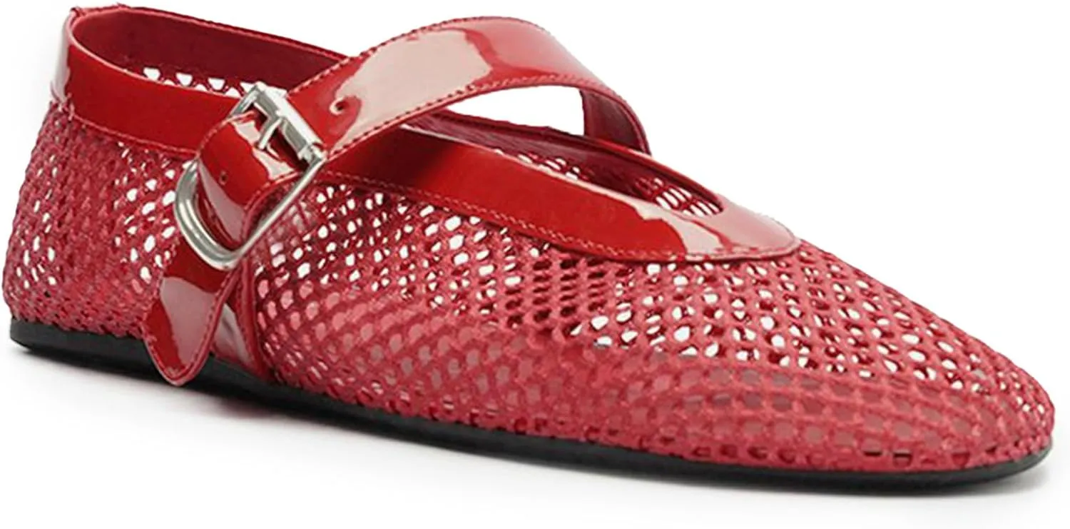 Buckle Strap Mesh Ballet Flats for Womens, Mary Jane Round Toe Slip On Dress Ballerinas Soft Shoes
