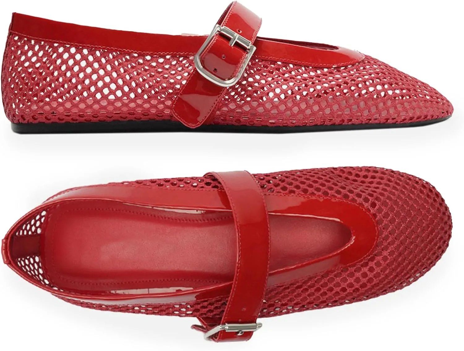 Buckle Strap Mesh Ballet Flats for Womens, Mary Jane Round Toe Slip On Dress Ballerinas Soft Shoes