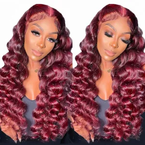 Burgundy Lace Front Wigs Human Hair- 99j Deep Wave HD Transparent Lace Frontal Wigs for Women Wine Red Glueless Pre Plucked with Baby Hair, 200 Density 22 Inch