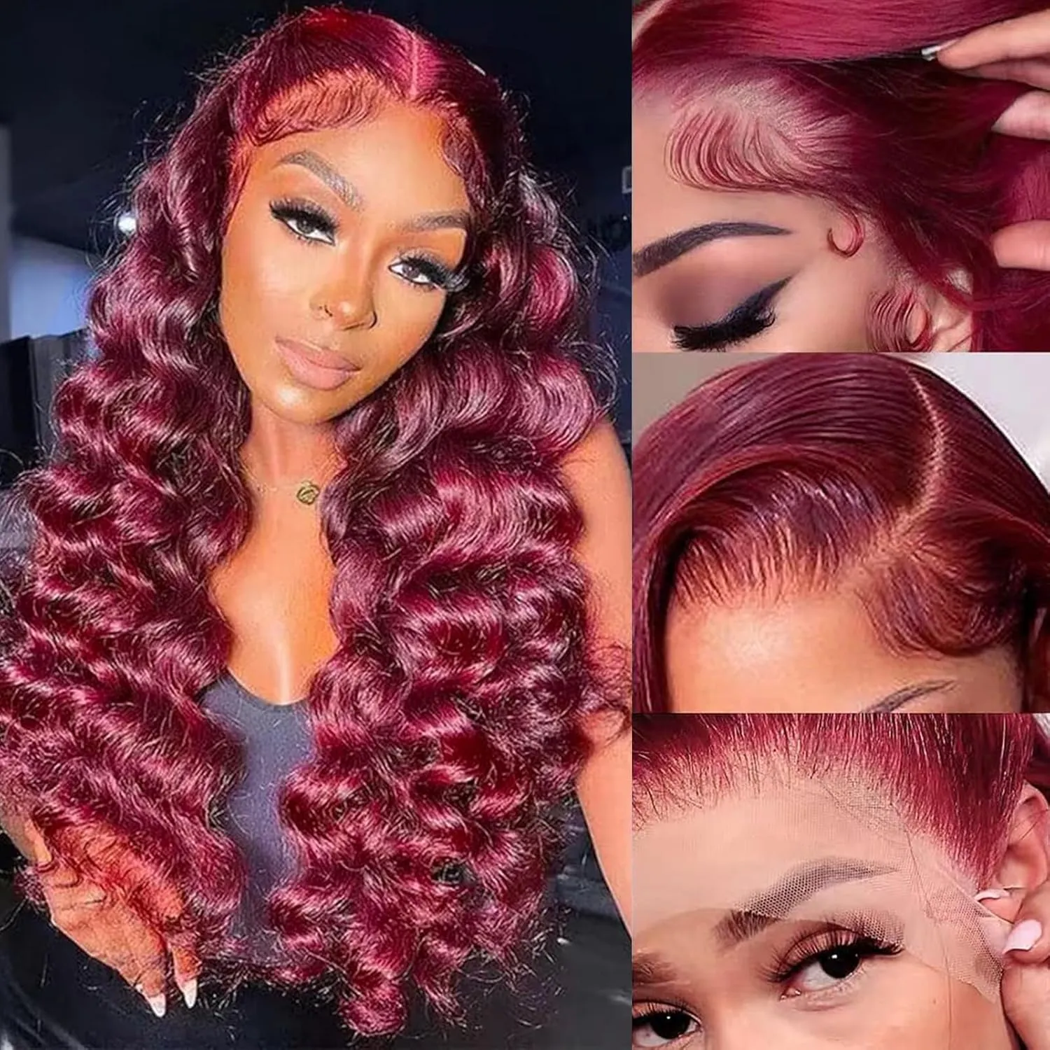 Burgundy Lace Front Wigs Human Hair- 99j Deep Wave HD Transparent Lace Frontal Wigs for Women Wine Red Glueless Pre Plucked with Baby Hair, 200 Density 22 Inch
