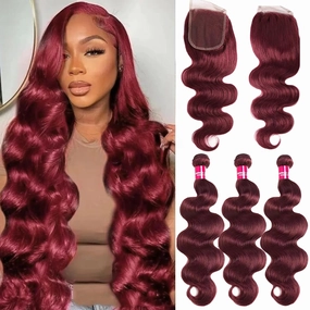 Burgundy Bundles with Closure Human Hair 20 22 24 20inch Red Body Wave Bundles with Closure 10A 99J Brazilian Body Wave Human Hair