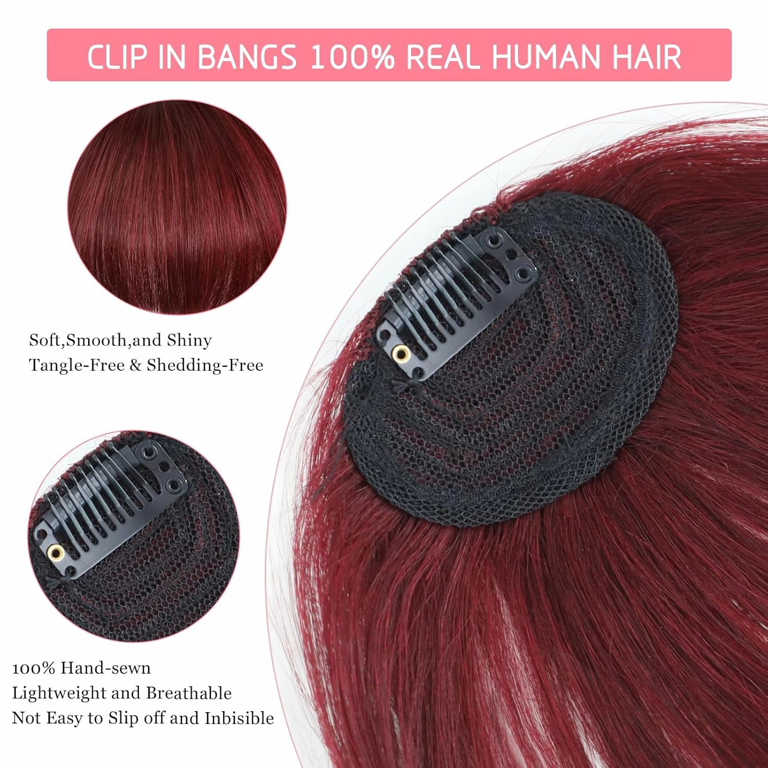 Burgundy Clip in Bangs 100% Real Human Hair Extensions Faux Fringe Curtain Air Clips on Wispy Bang with Temples Fake Natural Fluffy Light-weight Hairpieces for Women Girls Party Daily Use