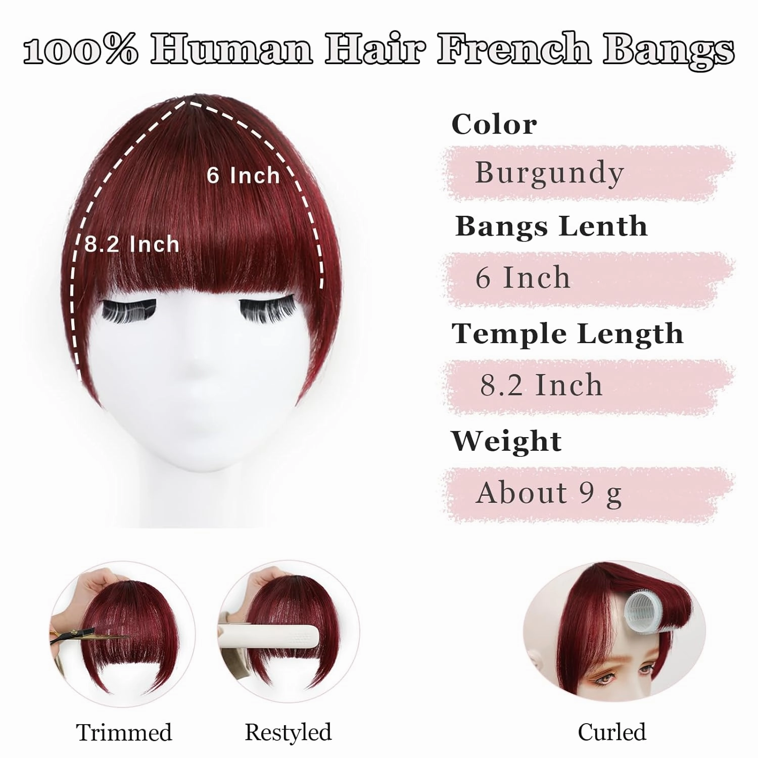 Burgundy Clip in Bangs 100% Real Human Hair Extensions Faux Fringe Curtain Air Clips on Wispy Bang with Temples Fake Natural Fluffy Light-weight Hairpieces for Women Girls Party Daily Use