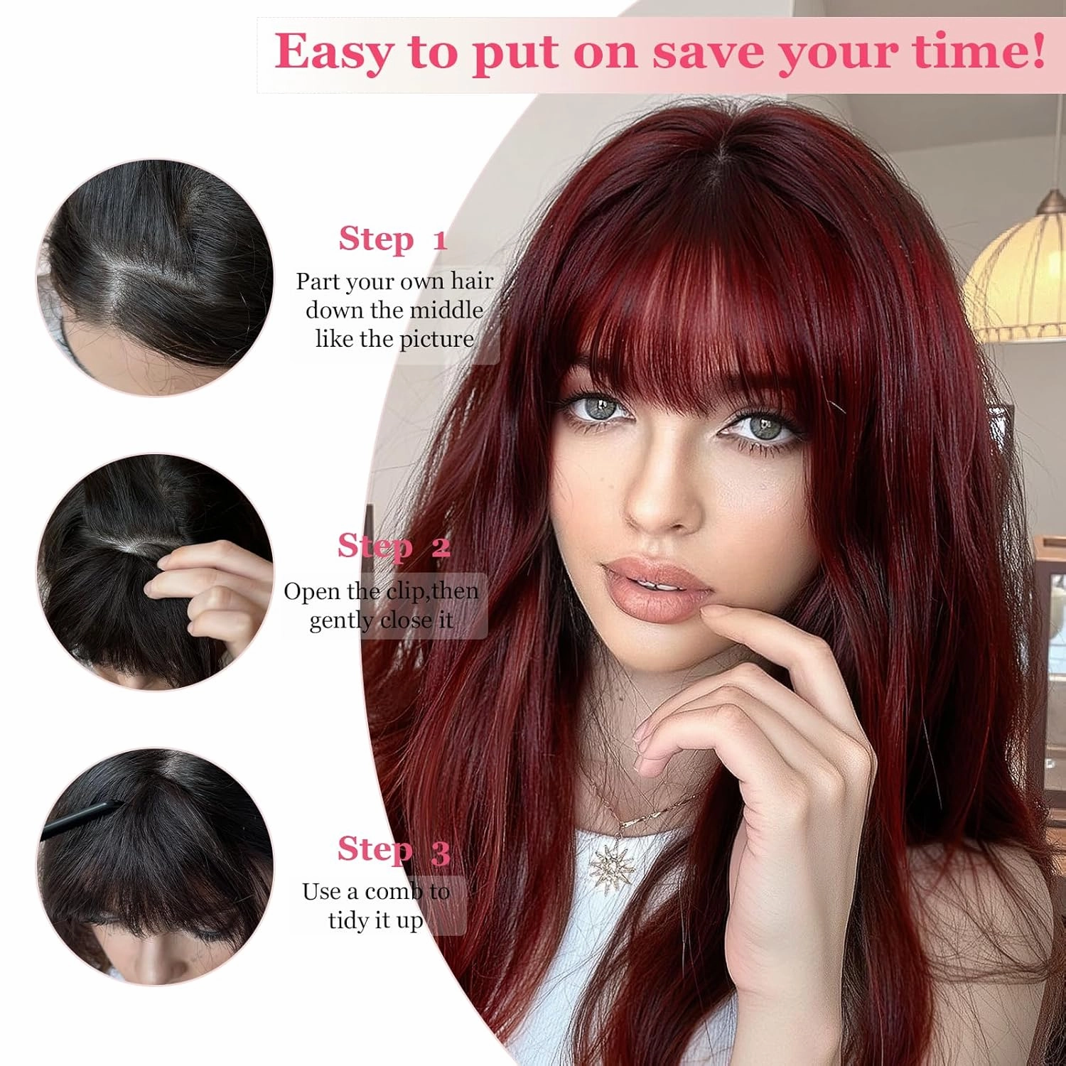 Burgundy Clip in Bangs 100% Real Human Hair Extensions Faux Fringe Curtain Air Clips on Wispy Bang with Temples Fake Natural Fluffy Light-weight Hairpieces for Women Girls Party Daily Use