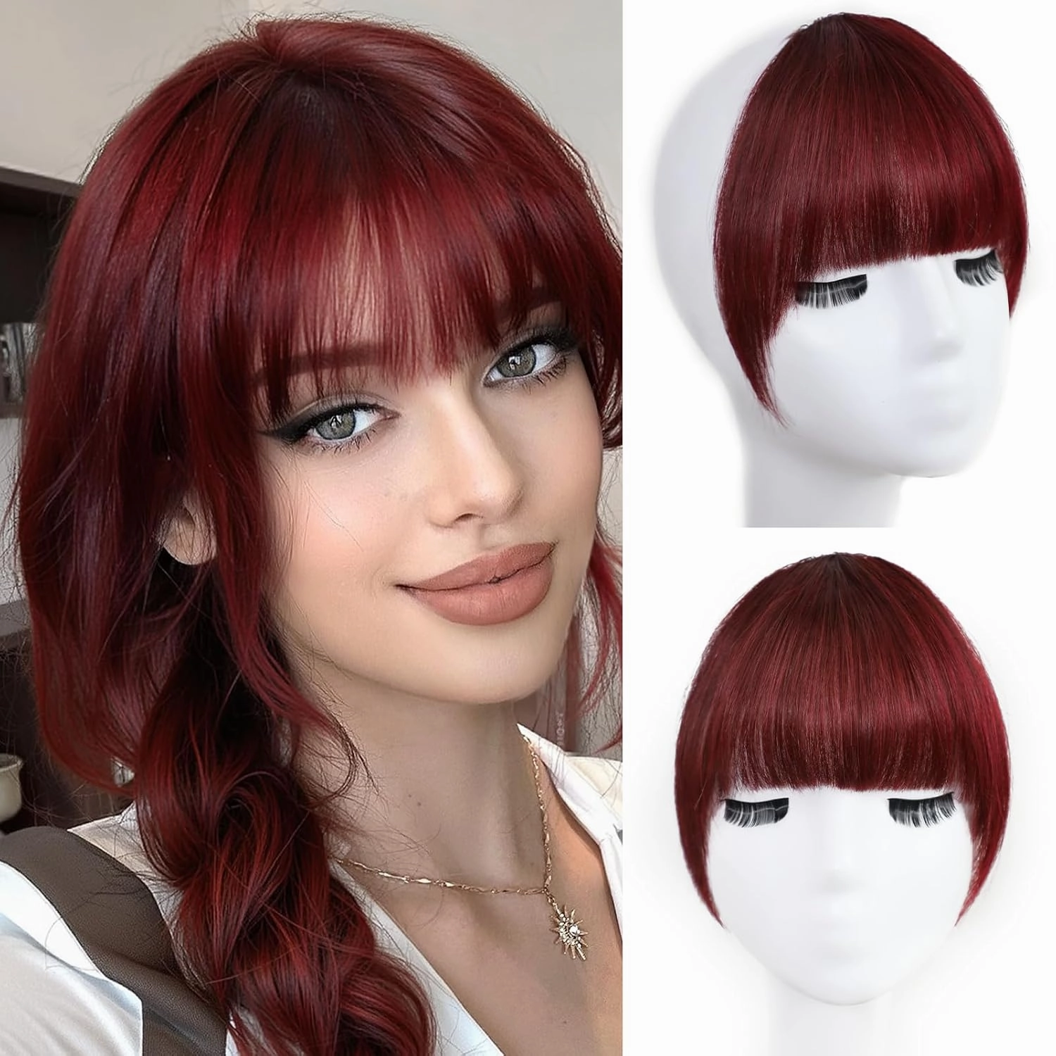 Burgundy Clip in Bangs 100% Real Human Hair Extensions Faux Fringe Curtain Air Clips on Wispy Bang with Temples Fake Natural Fluffy Light-weight Hairpieces for Women Girls Party Daily Use