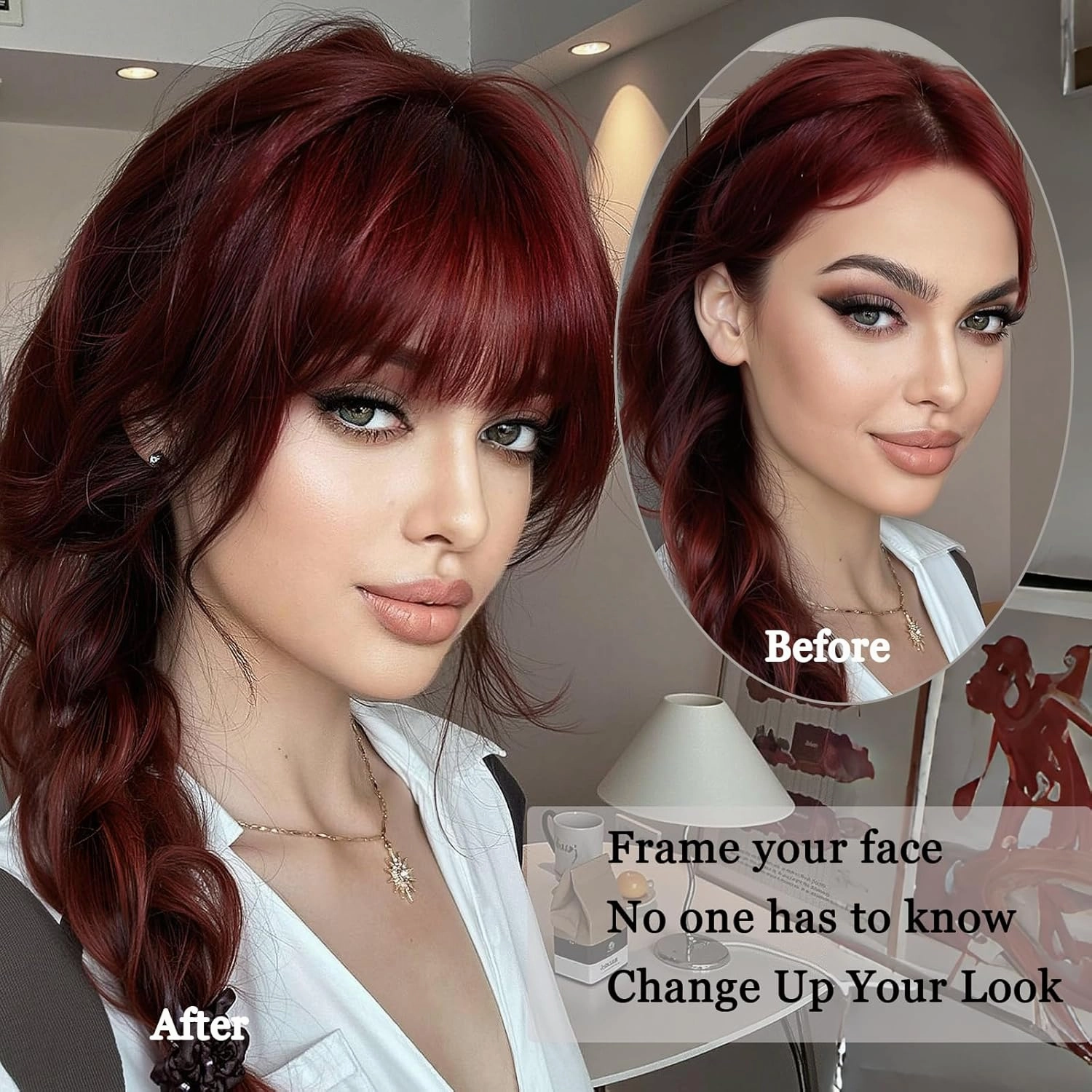 Burgundy Clip in Bangs 100% Real Human Hair Extensions Faux Fringe Curtain Air Clips on Wispy Bang with Temples Fake Natural Fluffy Light-weight Hairpieces for Women Girls Party Daily Use