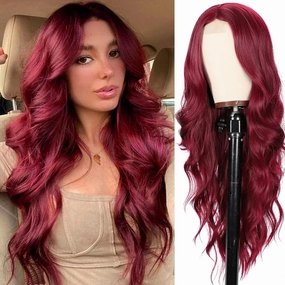 Burgundy Wig 26 Inch Long Wavy Wine Red Wigs for Women Curly Wavy Wig Natural Looking Middle Part with Small Lace Synthetic Heat Resistant Fiber Wig for Daily Party Use