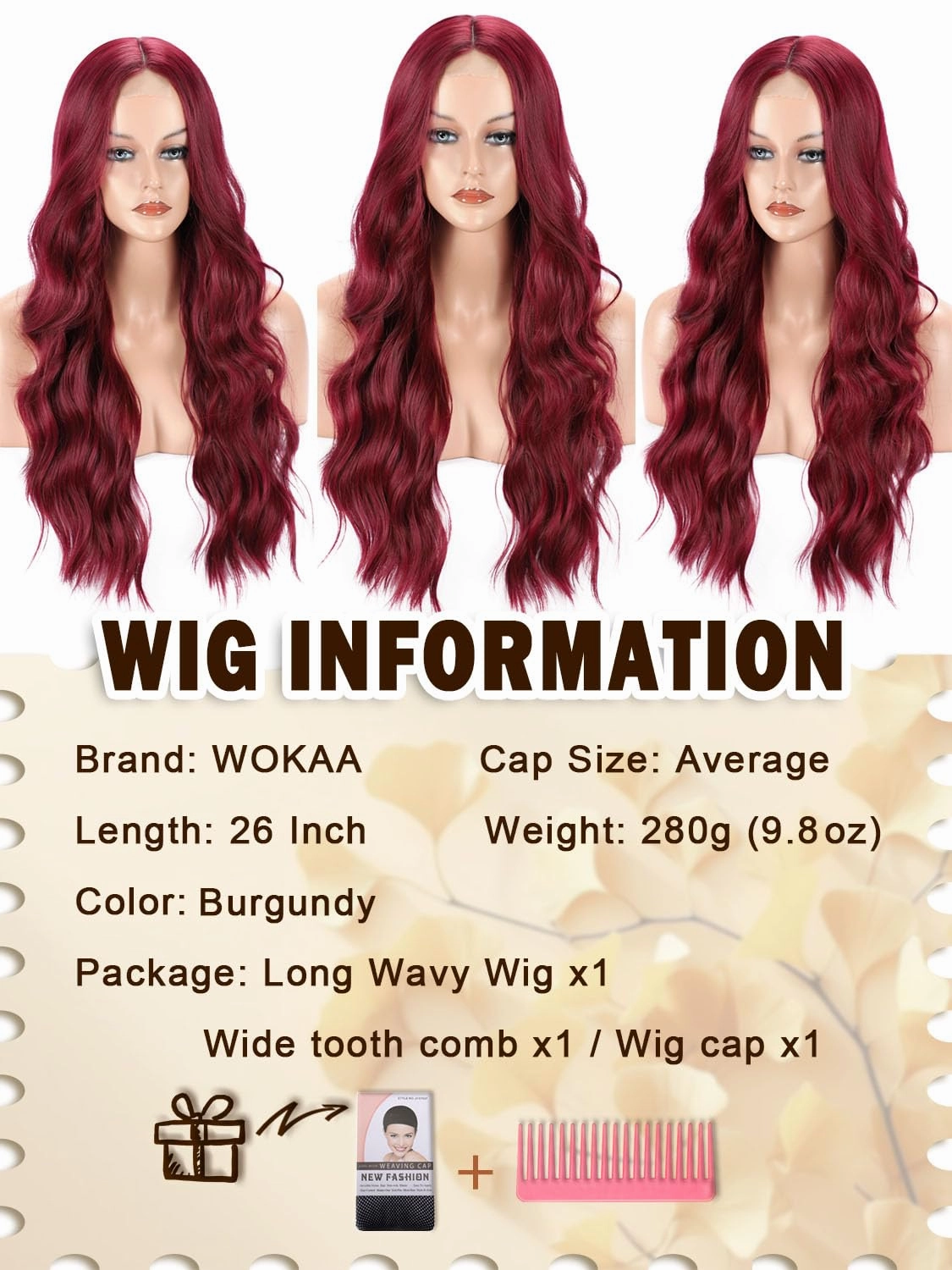 Burgundy Wig 26 Inch Long Wavy Wine Red Wigs for Women Curly Wavy Wig Natural Looking Middle Part with Small Lace Synthetic Heat Resistant Fiber Wig for Daily Party Use