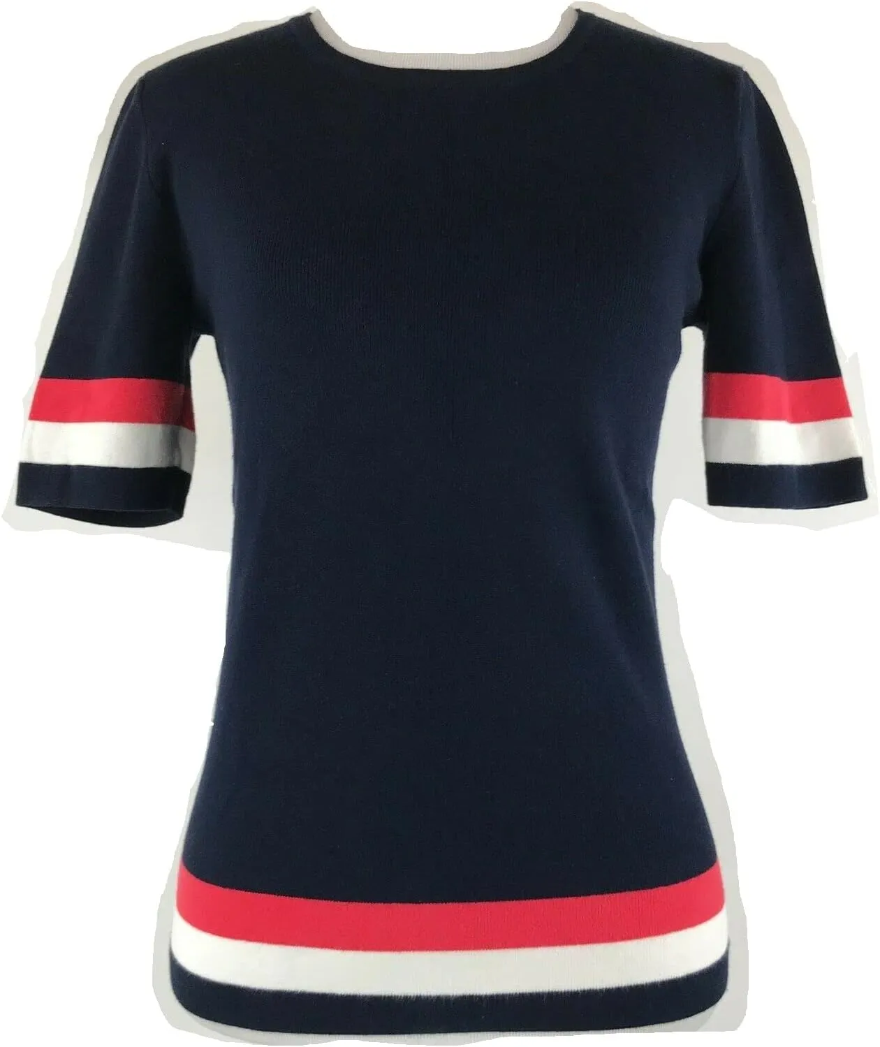Cabi Hampton Shell Knit Top, is Navy with red and White Stripe at Sleeve and Hem.