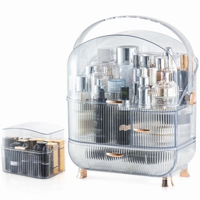 CANITORON Makeup Organizer for Vanity,Clear Skincare Organizer with Large Capacity and Lipstick Organizer,3-layer Cosmetic Display Case,Egg Shape(Oval) Cosmetic Storage Box including golden Handle.