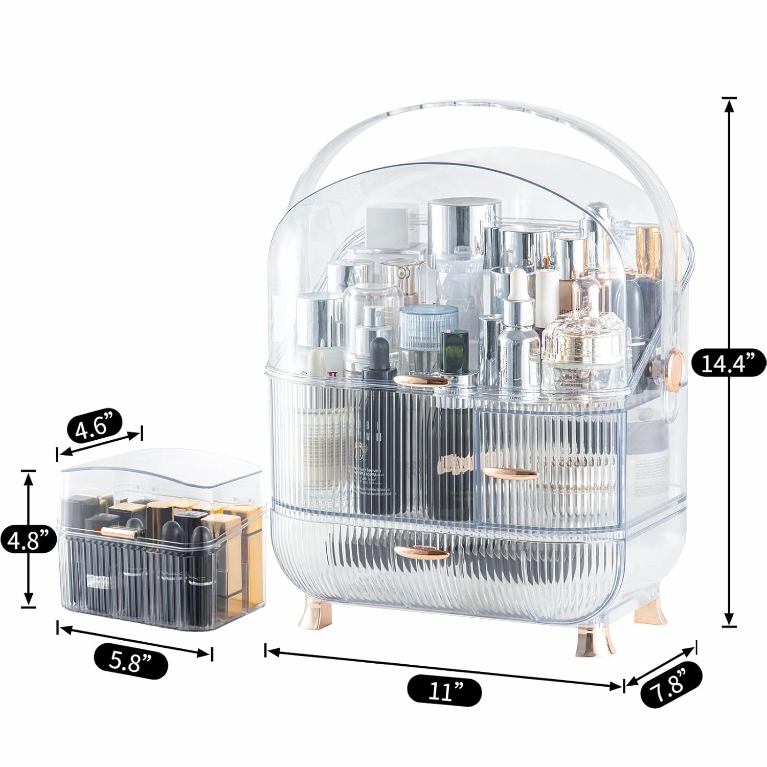 CANITORON Makeup Organizer for Vanity,Clear Skincare Organizer with Large Capacity and Lipstick Organizer,3-layer Cosmetic Display Case,Egg Shape(Oval) Cosmetic Storage Box including golden Handle.