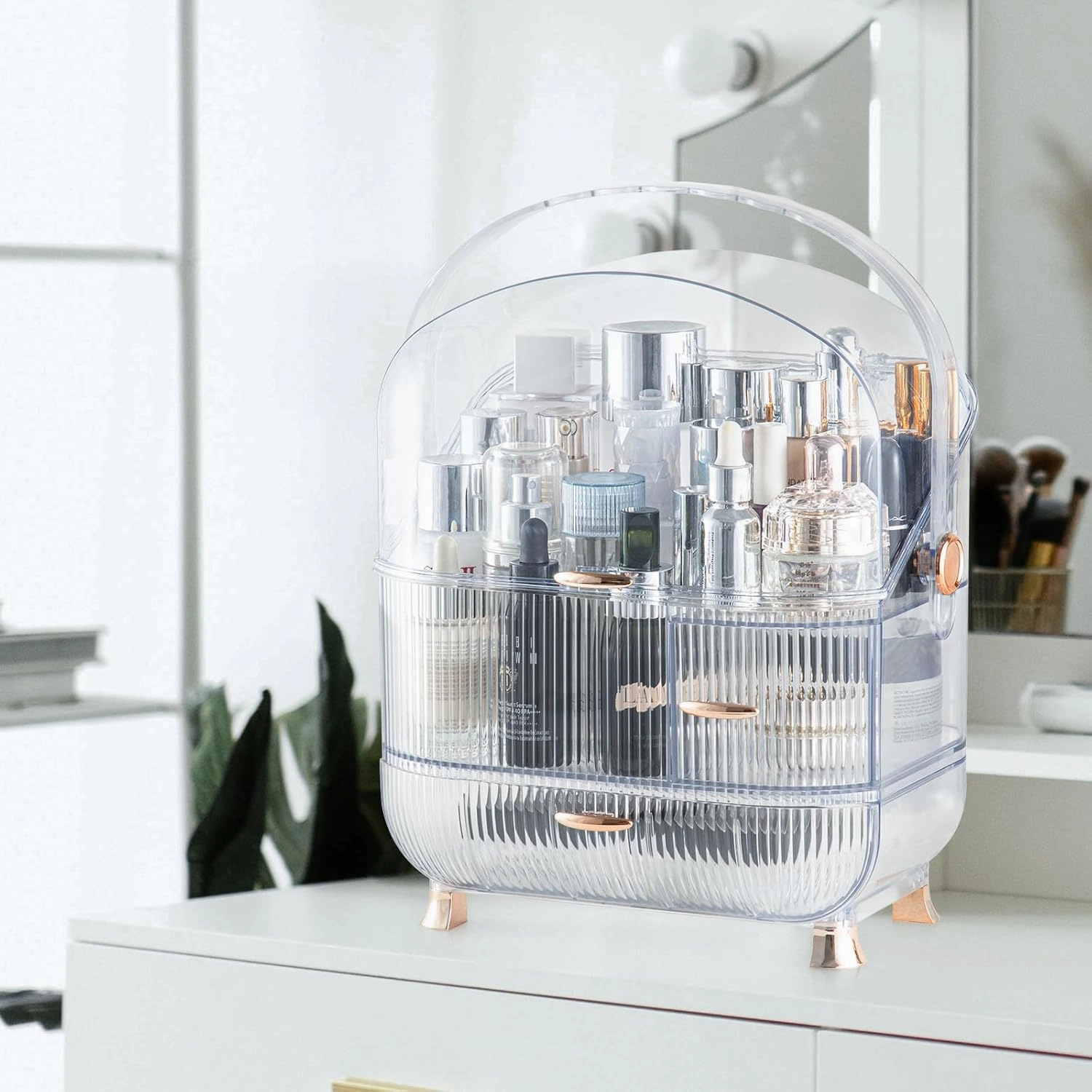 CANITORON Makeup Organizer for Vanity,Clear Skincare Organizer with Large Capacity and Lipstick Organizer,3-layer Cosmetic Display Case,Egg Shape(Oval) Cosmetic Storage Box including golden Handle.