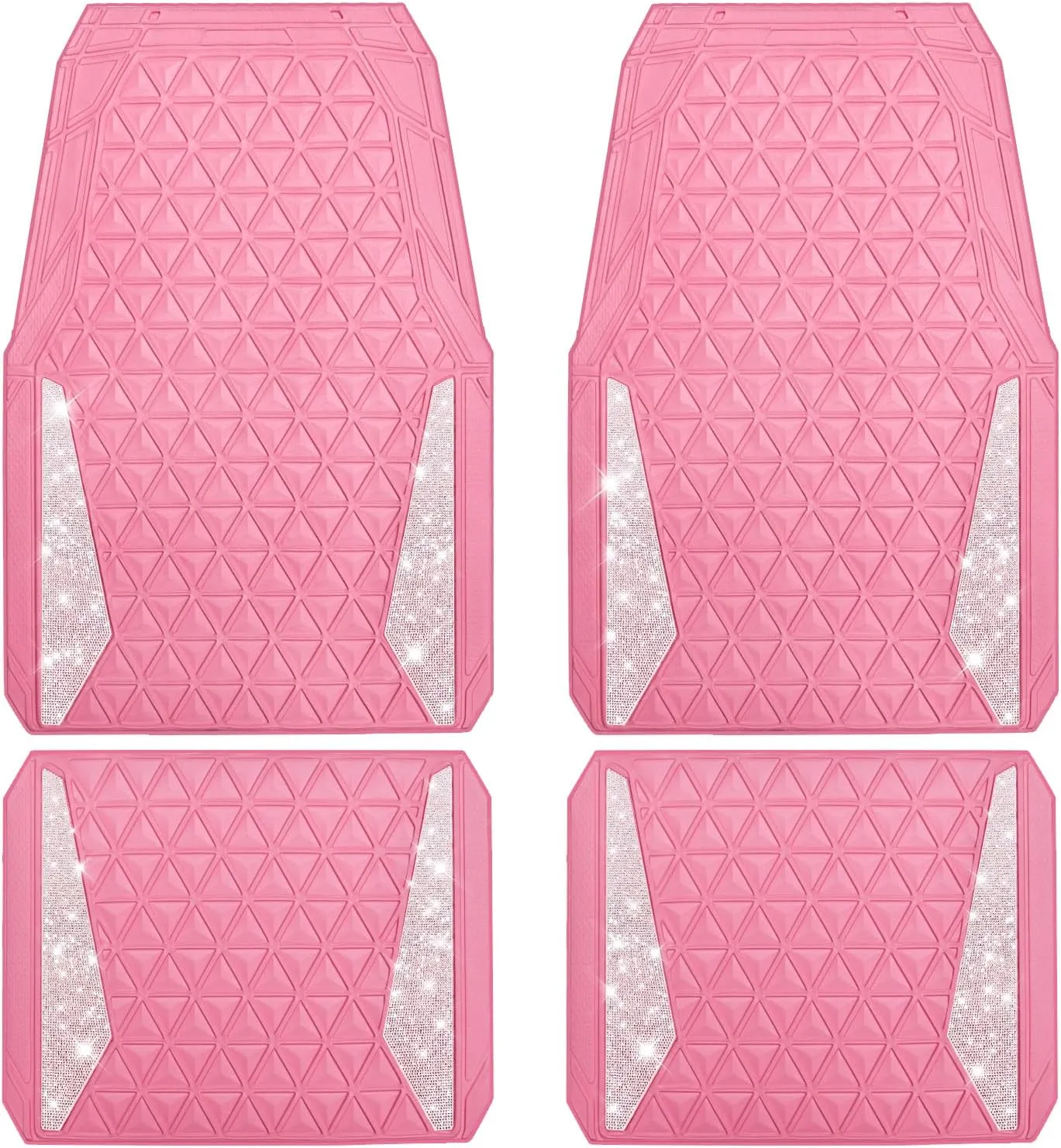 CAR PASS Bling Car Mats Diamond Rubber Floor Mats Full Set Anti-Slip 3D Rhombus Waterproof Trim to Fit Liner Universal Glitter Crystal Sparkly Shining Rhinestone Girl Women SUV Sedan Van, Pink Rubber