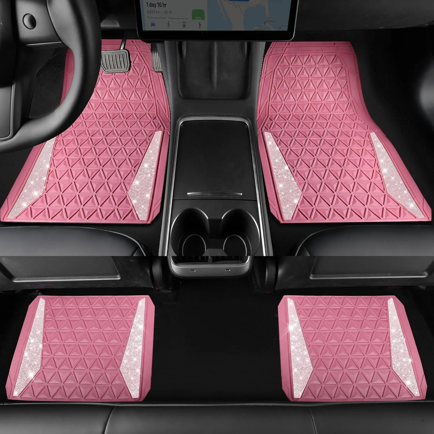 CAR PASS Bling Car Mats Diamond Rubber Floor Mats Full Set Anti-Slip 3D Rhombus Waterproof Trim to Fit Liner Universal Glitter Crystal Sparkly Shining Rhinestone Girl Women SUV Sedan Van, Pink Rubber