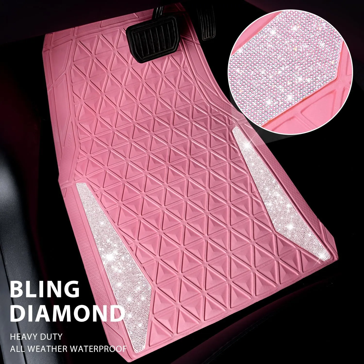 CAR PASS Bling Car Mats Diamond Rubber Floor Mats Full Set Anti-Slip 3D Rhombus Waterproof Trim to Fit Liner Universal Glitter Crystal Sparkly Shining Rhinestone Girl Women SUV Sedan Van, Pink Rubber