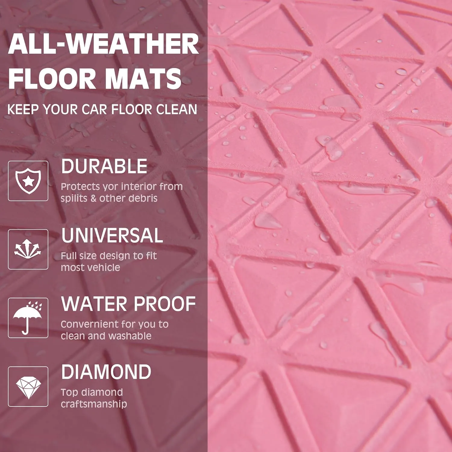 CAR PASS Bling Car Mats Diamond Rubber Floor Mats Full Set Anti-Slip 3D Rhombus Waterproof Trim to Fit Liner Universal Glitter Crystal Sparkly Shining Rhinestone Girl Women SUV Sedan Van, Pink Rubber