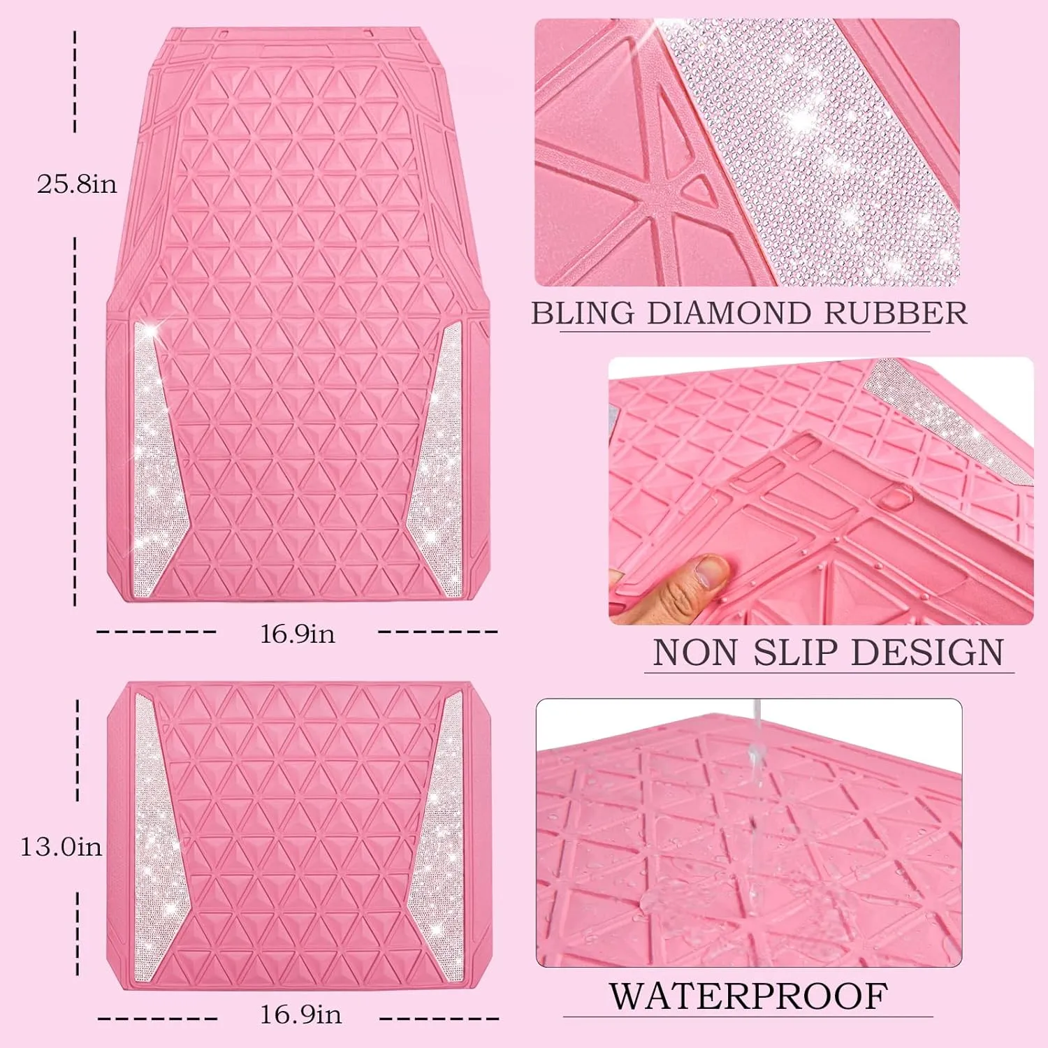 CAR PASS Bling Car Mats Diamond Rubber Floor Mats Full Set Anti-Slip 3D Rhombus Waterproof Trim to Fit Liner Universal Glitter Crystal Sparkly Shining Rhinestone Girl Women SUV Sedan Van, Pink Rubber