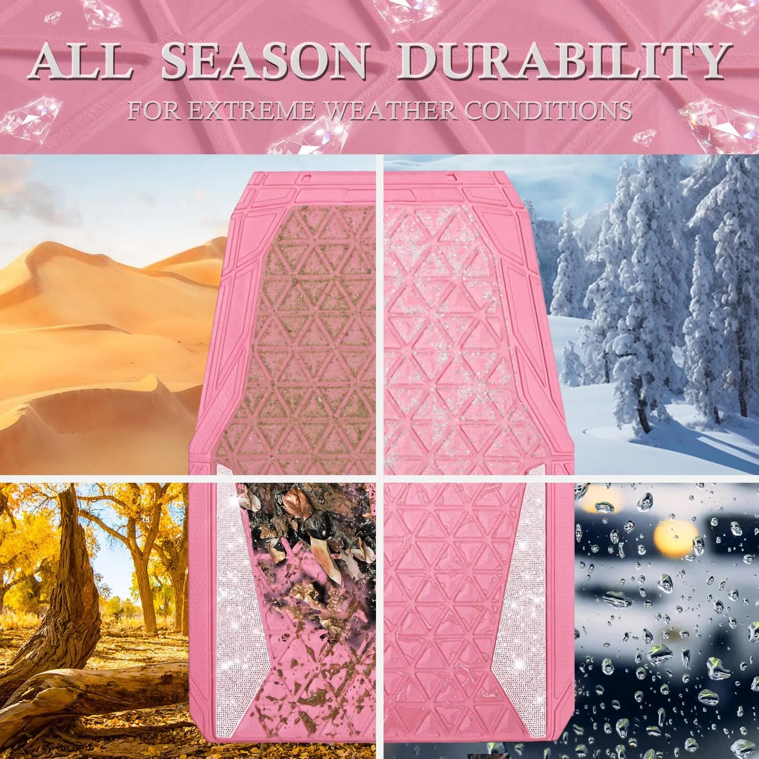 CAR PASS Bling Car Mats Diamond Rubber Floor Mats Full Set Anti-Slip 3D Rhombus Waterproof Trim to Fit Liner Universal Glitter Crystal Sparkly Shining Rhinestone Girl Women SUV Sedan Van, Pink Rubber