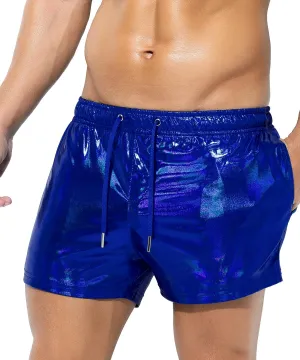 Casey Kevin Men's Holographic Metallic Short Sparkly Shiny Short Pants Rave Outfit Hot Shorts with Pockets and Drawstrings