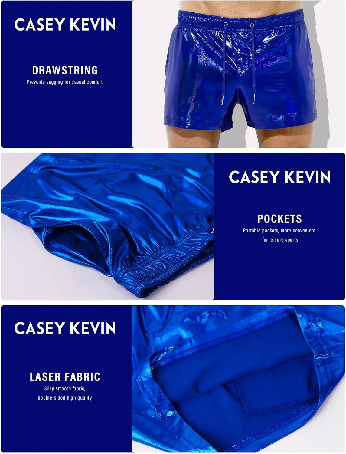 Casey Kevin Men's Holographic Metallic Short Sparkly Shiny Short Pants Rave Outfit Hot Shorts with Pockets and Drawstrings