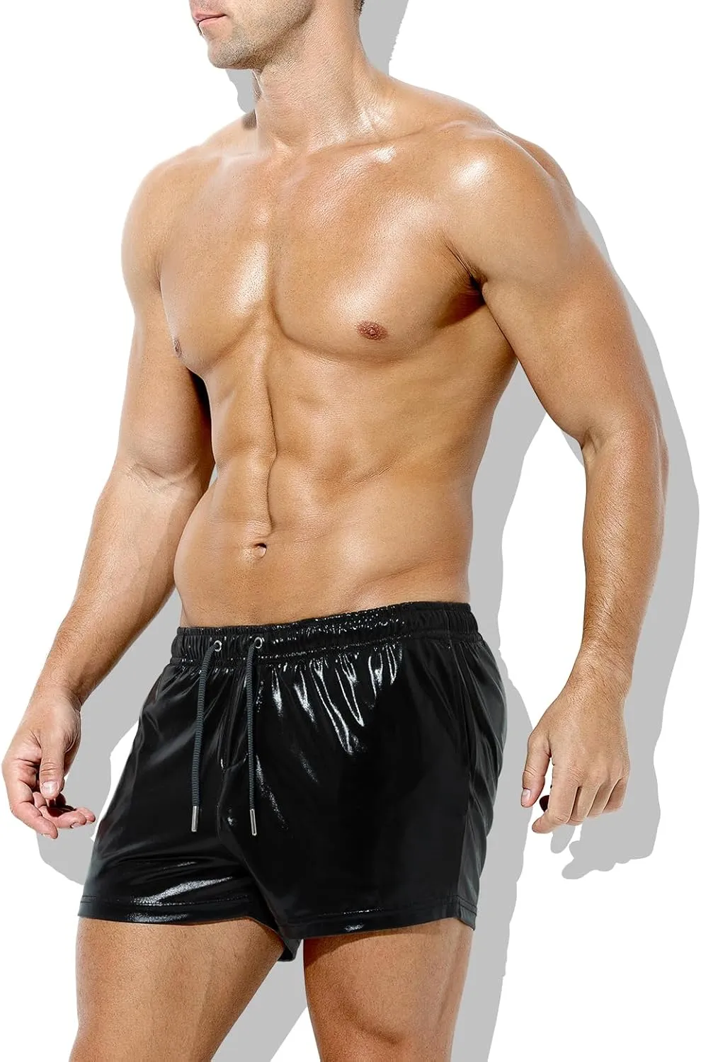 Casey Kevin Men's Holographic Metallic Short Sparkly Shiny Short Pants Rave Outfit Hot Shorts with Pockets and Drawstrings