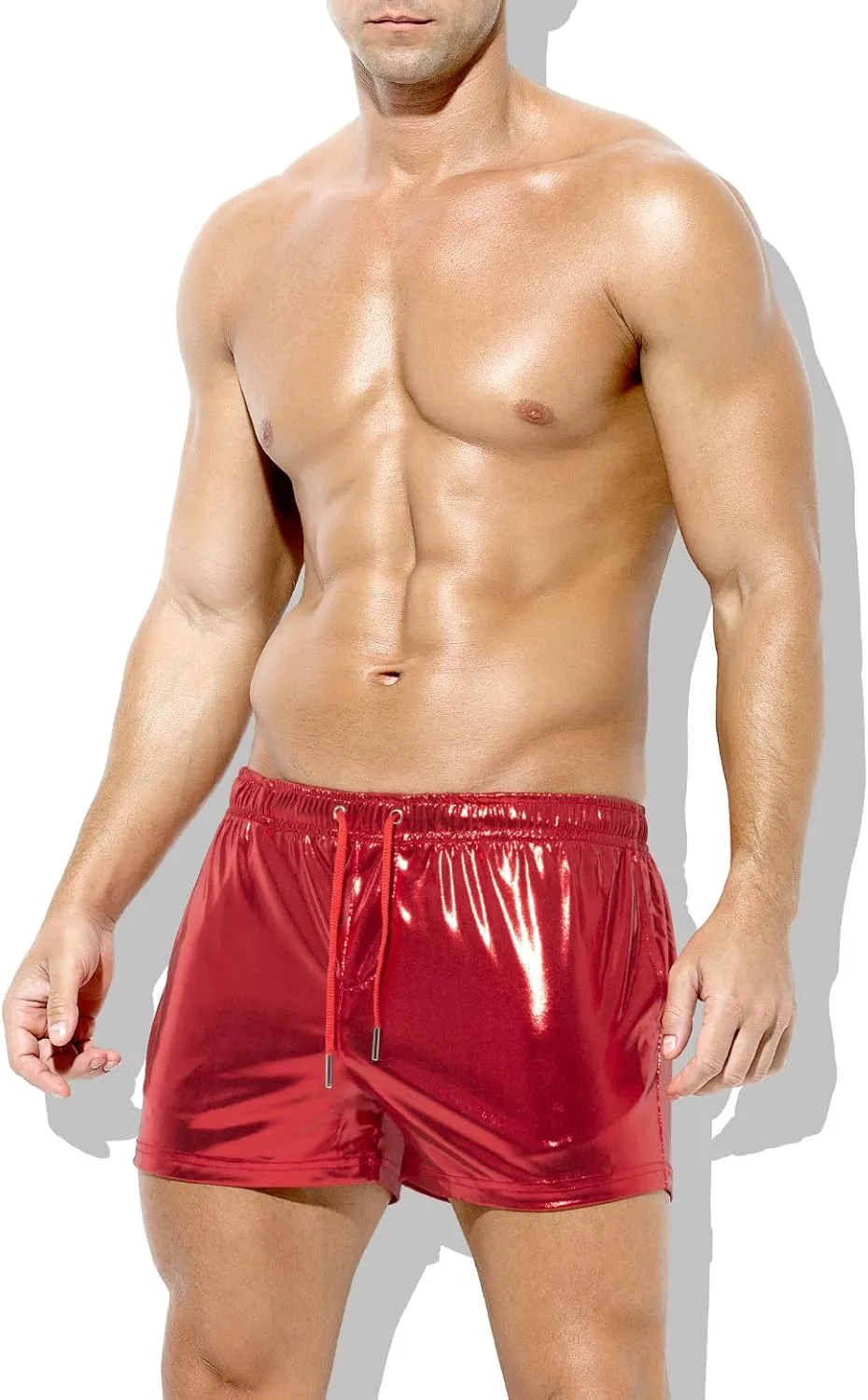 Casey Kevin Men's Holographic Metallic Short Sparkly Shiny Short Pants Rave Outfit Hot Shorts with Pockets and Drawstrings