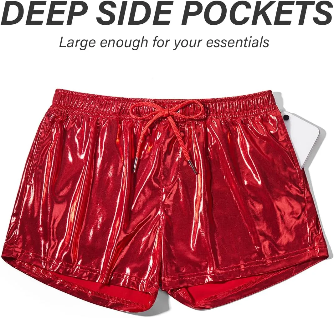 Casey Kevin Men's Holographic Metallic Short Sparkly Shiny Short Pants Rave Outfit Hot Shorts with Pockets and Drawstrings
