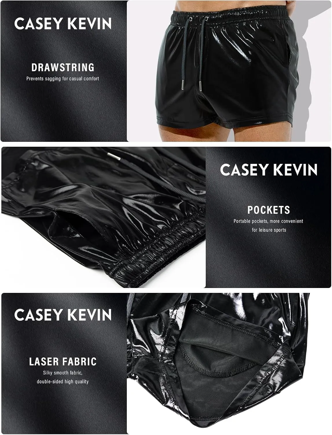 Casey Kevin Men's Holographic Metallic Short Sparkly Shiny Short Pants Rave Outfit Hot Shorts with Pockets and Drawstrings