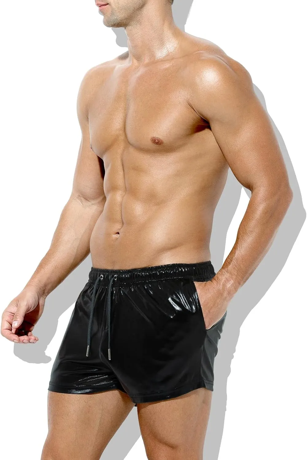 Casey Kevin Men's Holographic Metallic Short Sparkly Shiny Short Pants Rave Outfit Hot Shorts with Pockets and Drawstrings