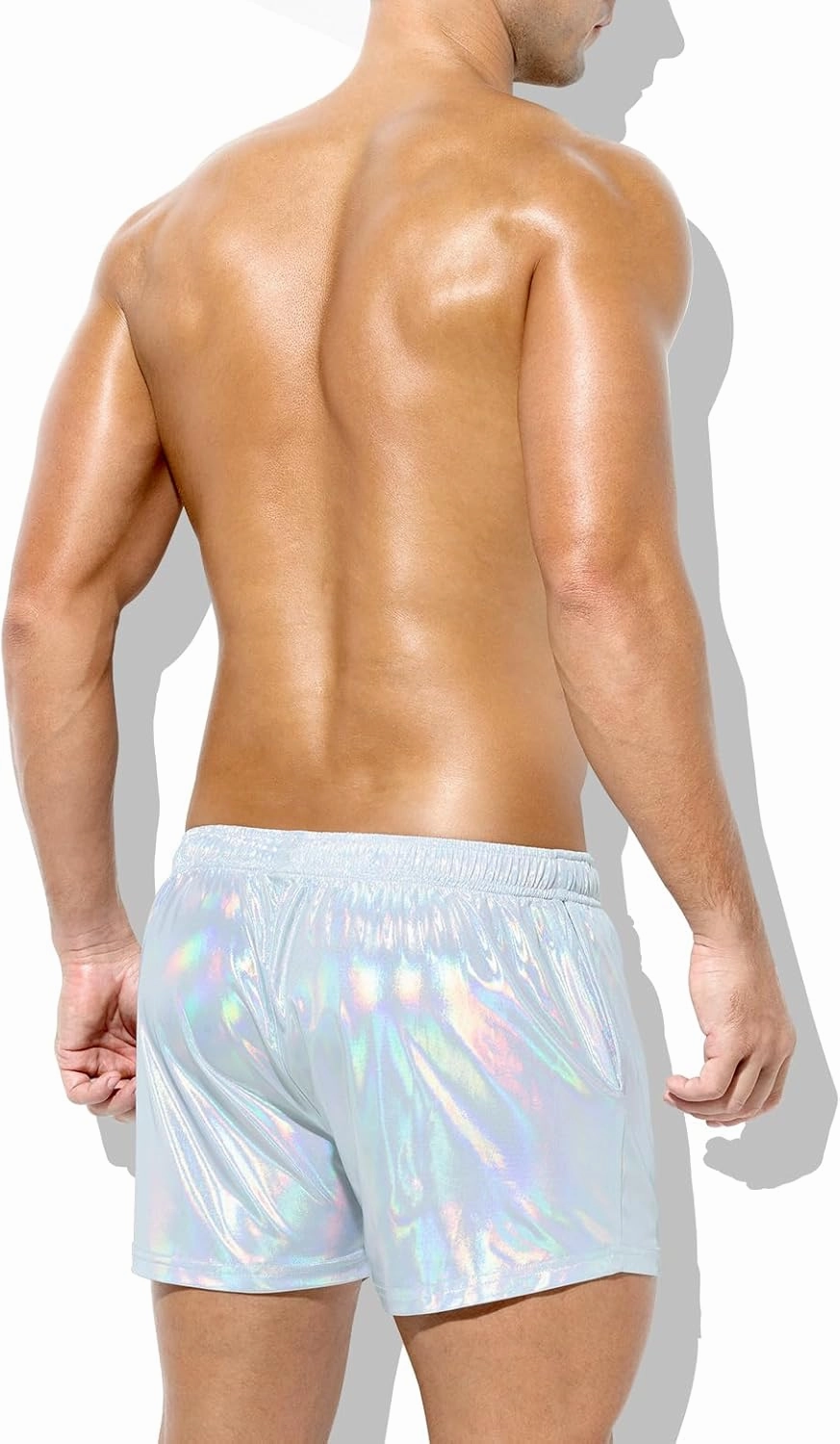 Casey Kevin Men's Holographic Metallic Short Sparkly Shiny Short Pants Rave Outfit Hot Shorts with Pockets and Drawstrings