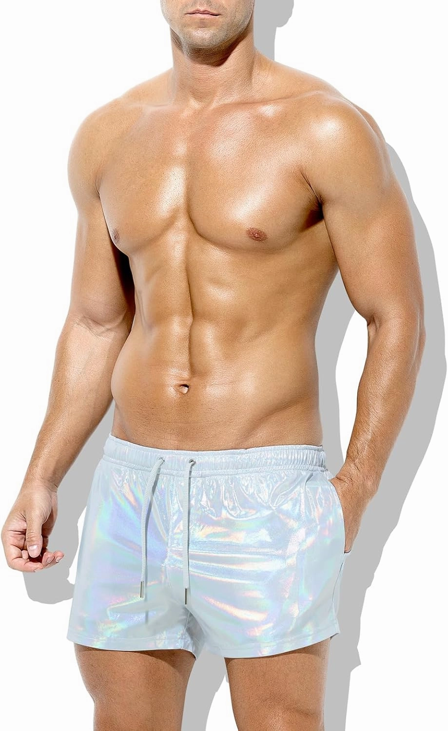 Casey Kevin Men's Holographic Metallic Short Sparkly Shiny Short Pants Rave Outfit Hot Shorts with Pockets and Drawstrings