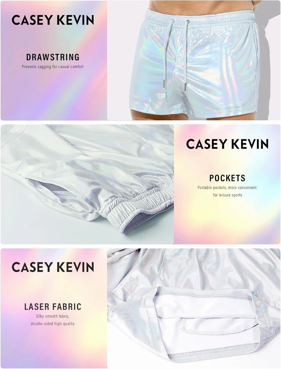 Casey Kevin Men's Holographic Metallic Short Sparkly Shiny Short Pants Rave Outfit Hot Shorts with Pockets and Drawstrings