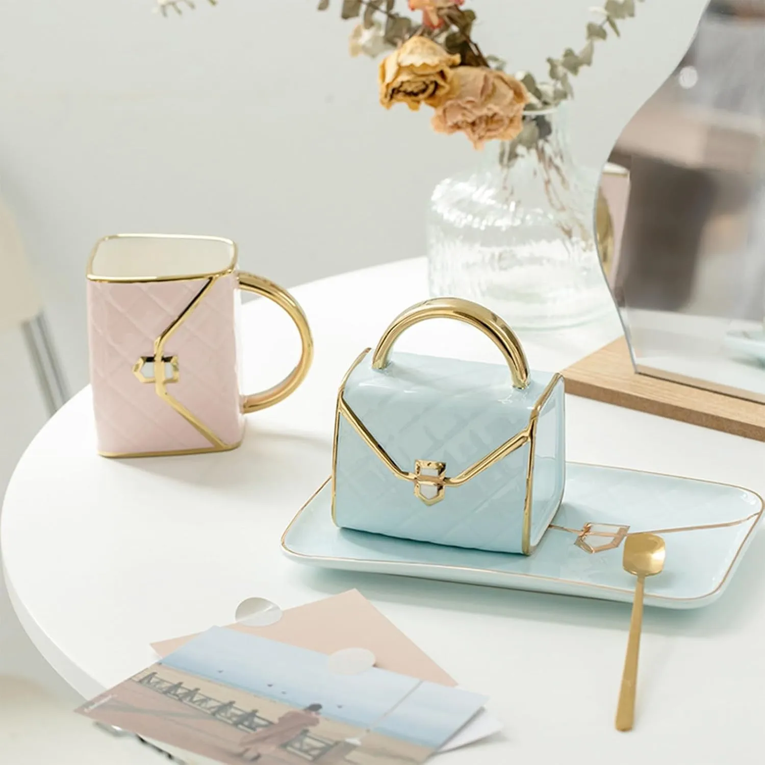 Ceramic Handbag Shaped Cup And Plate Set, Ceramic Coffee Cup And Tea Cup With Dish Spoon Suitable For Office And Home Coffee(C)